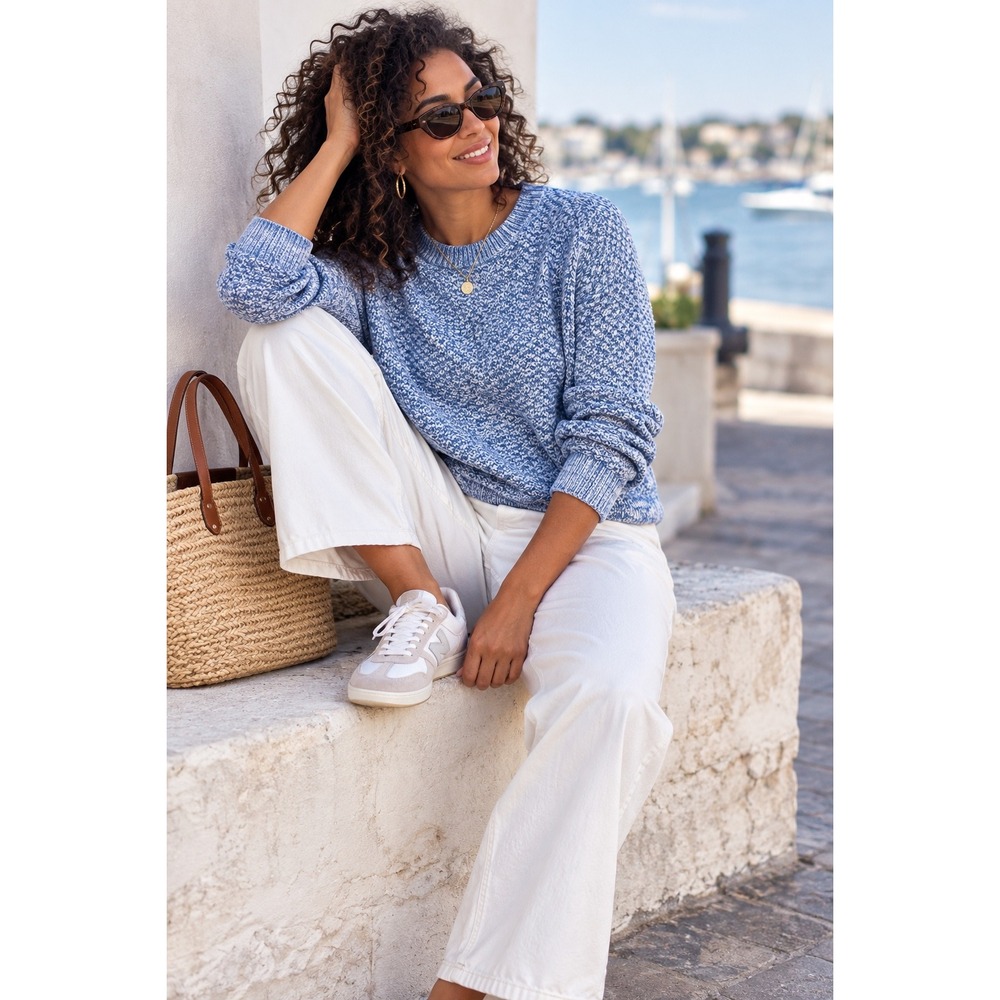 Gap For Good Women's M Blue White Marled Cotton Crewneck Sweater Fisherman Coast